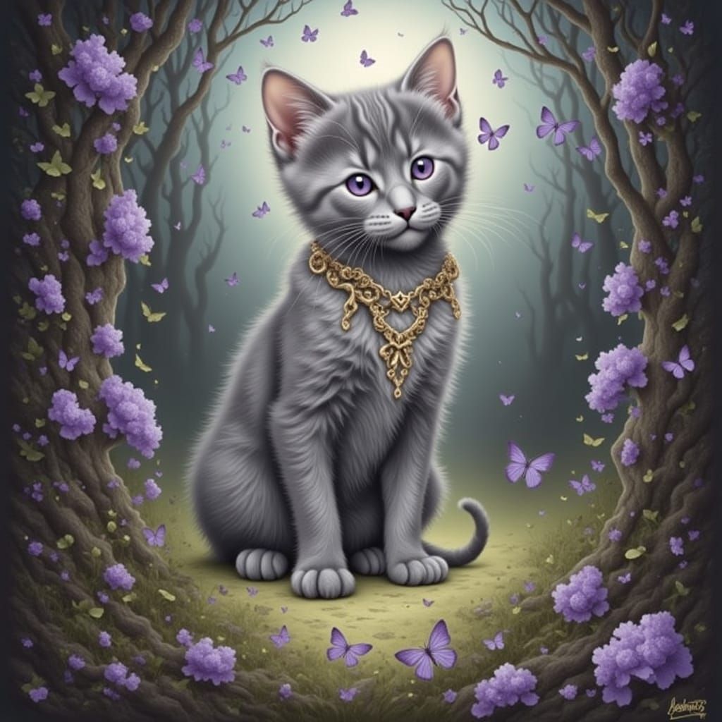 Mystical Violet-Spotted Black Cat in Digital Art Style