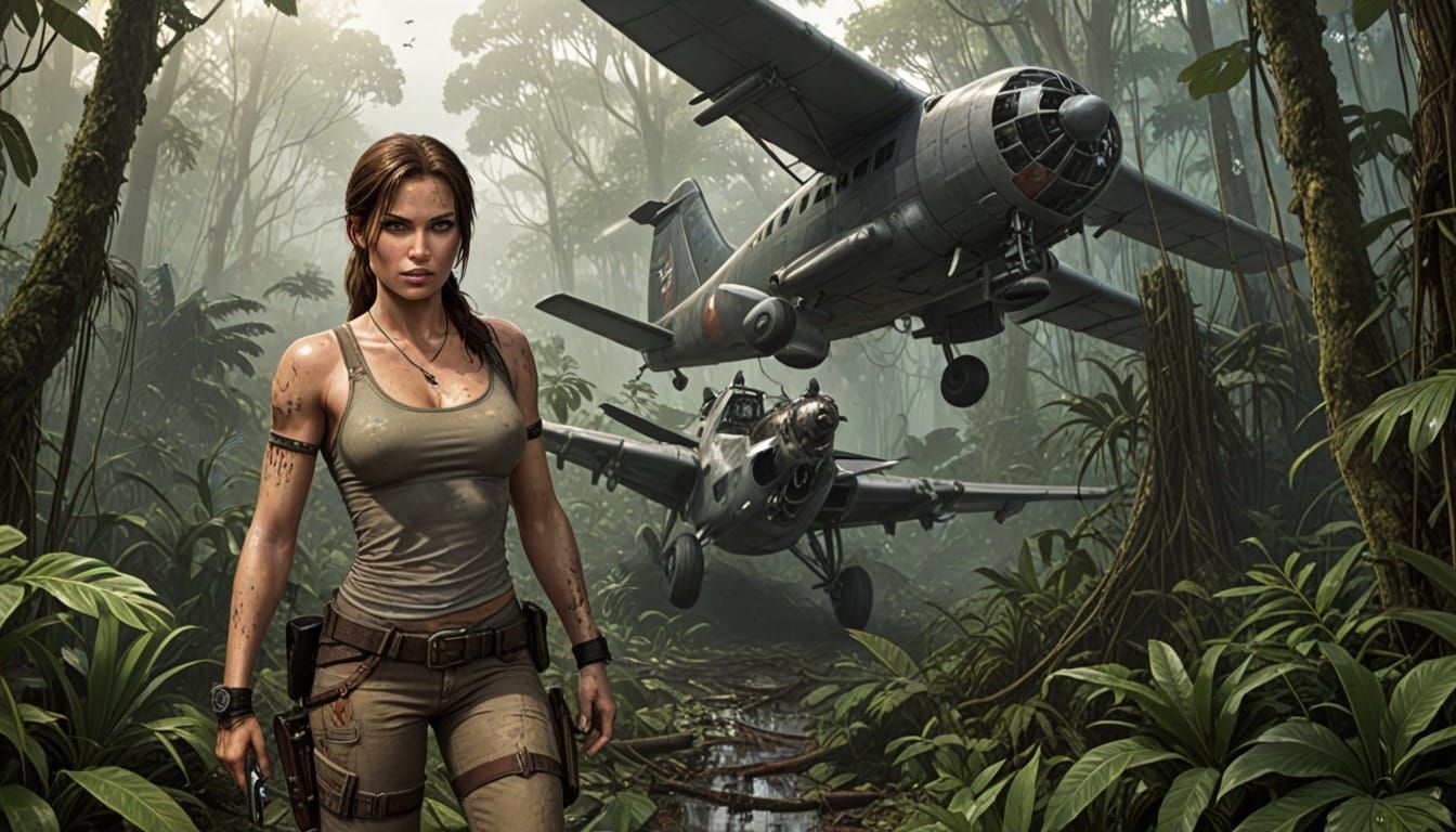 Tomb Raider Goddess Embraces Jungle Ruins with Crashed Plane...