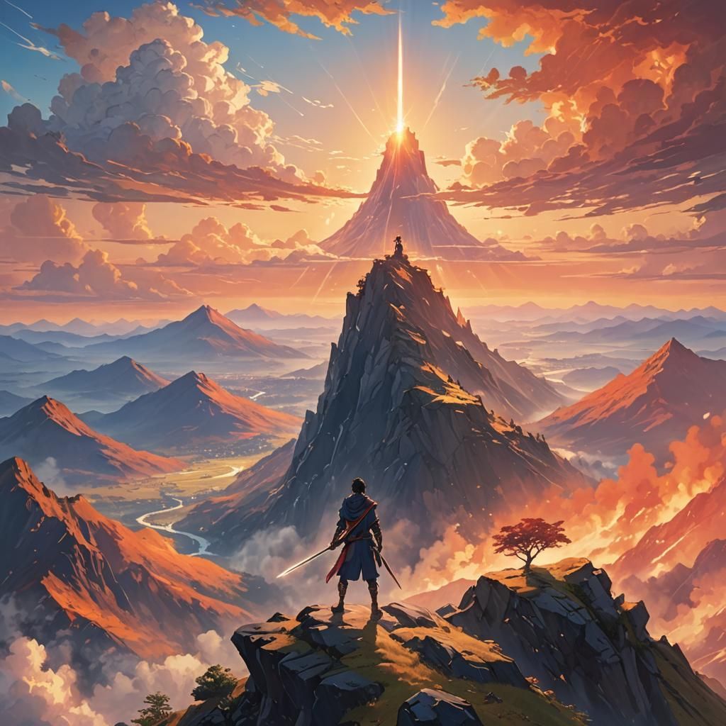 Hero at Mountain Peak: Anime-Inspired Oil Painting