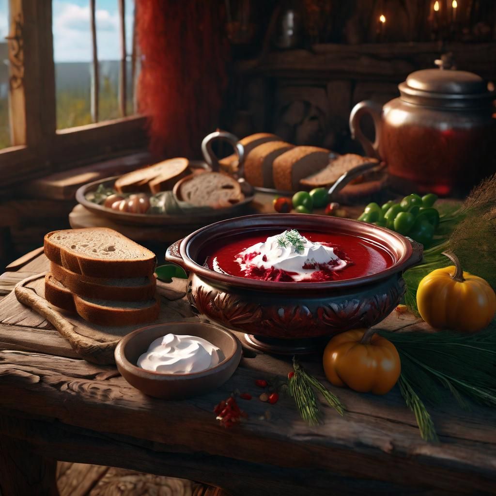 Ukrainian Borscht Still Life: Detailed Digital Painting