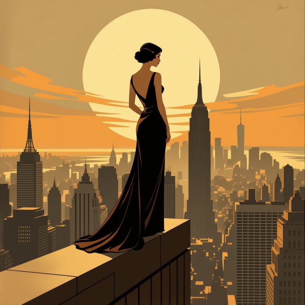Art Deco Woman on Skyscraper Ledge, NYC Skyline