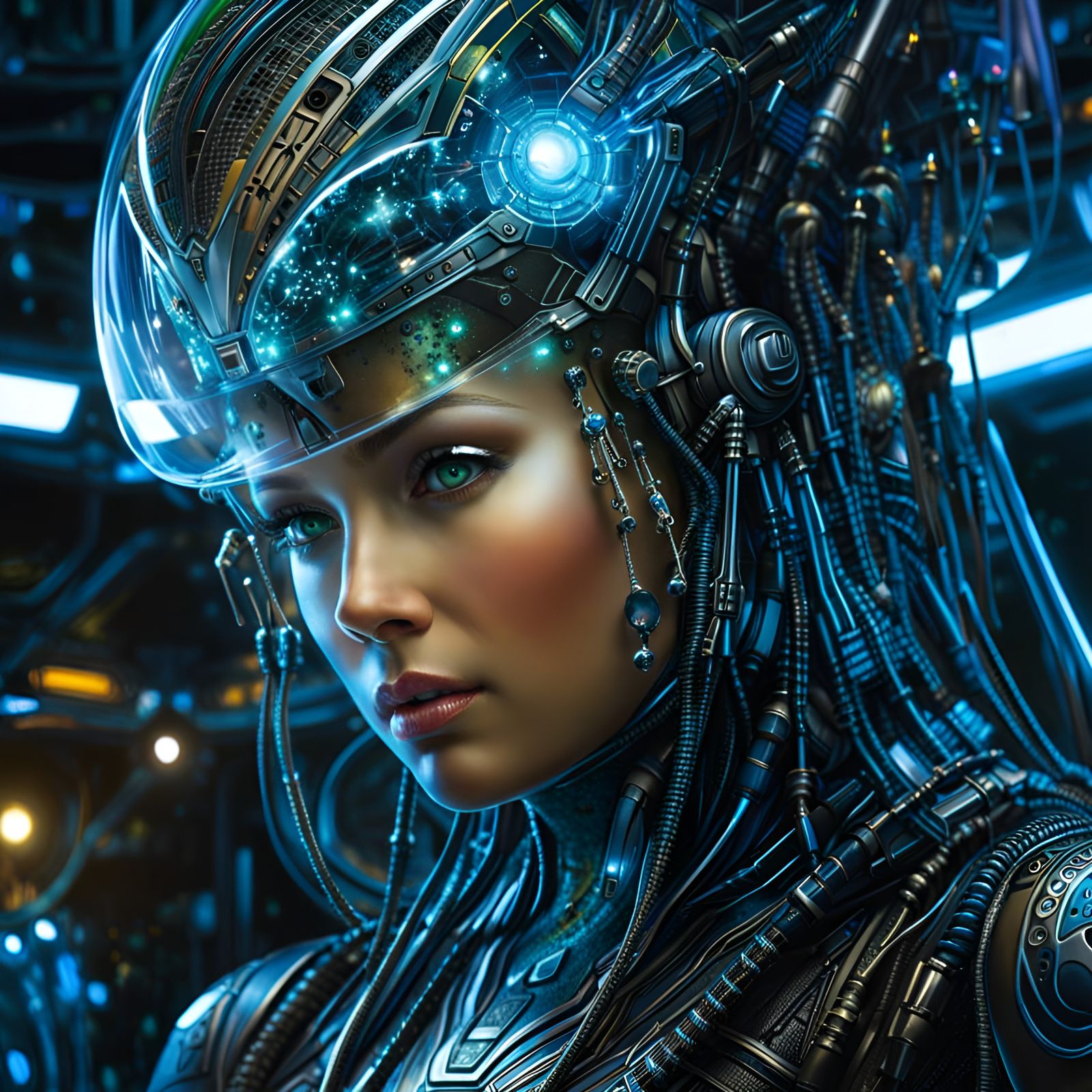 Glass Borg Girl Being Repaired in Sci-Fi Workshop
