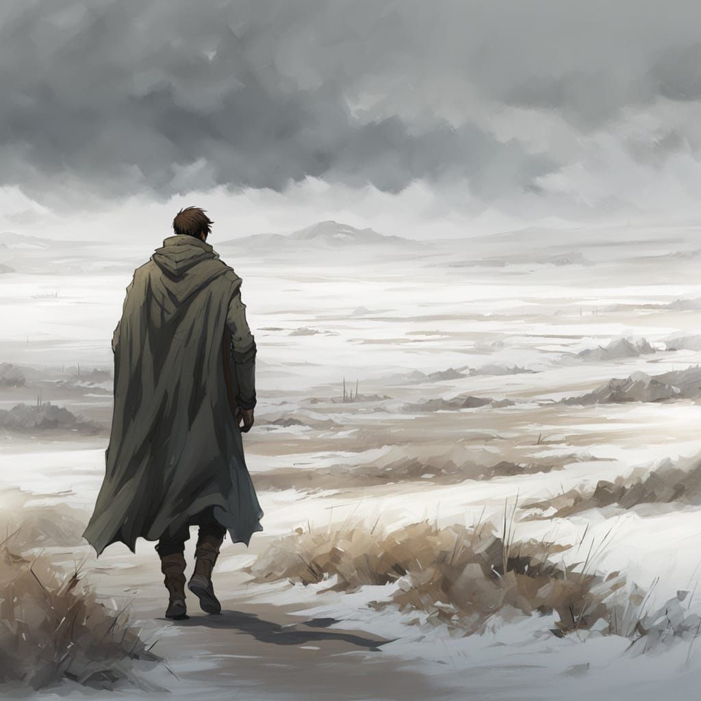 Lone Traveler in Barren Winter Field