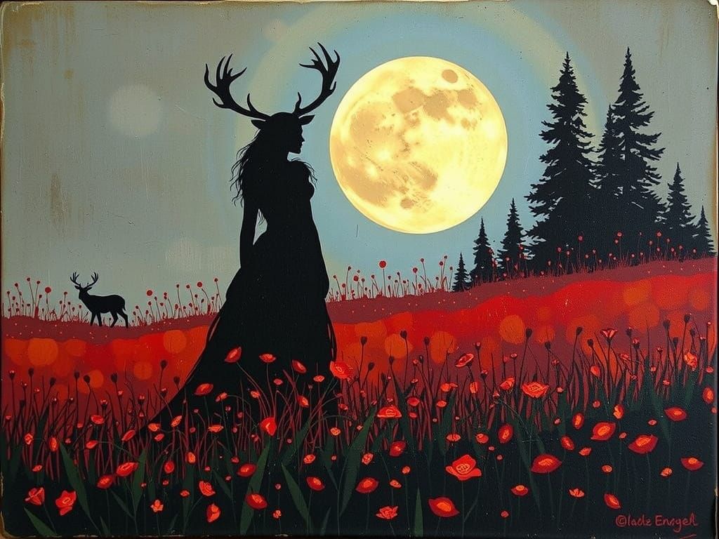 Enchanting Sorceress with Antlers in Crimson Meadow
