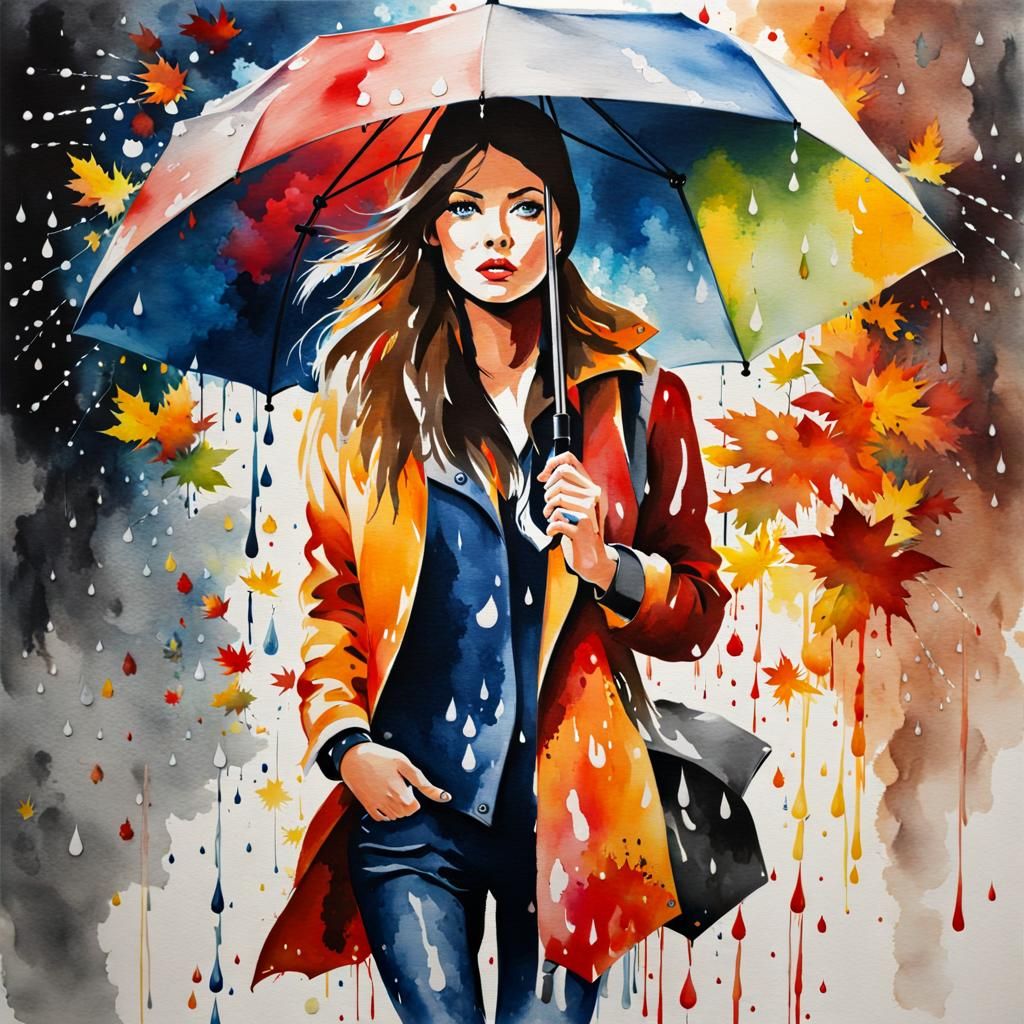 Colorful Watercolor: Girl with Umbrella in Autumn Rain