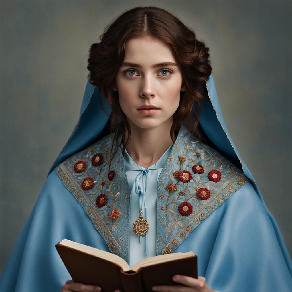 Ethereal Auburn-Haired Woman Portrait with Open Book