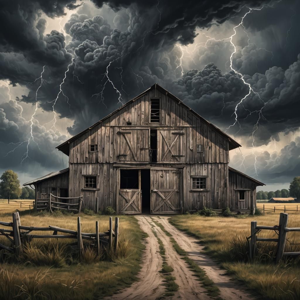 Surreal Storm over Old Wooden Barn