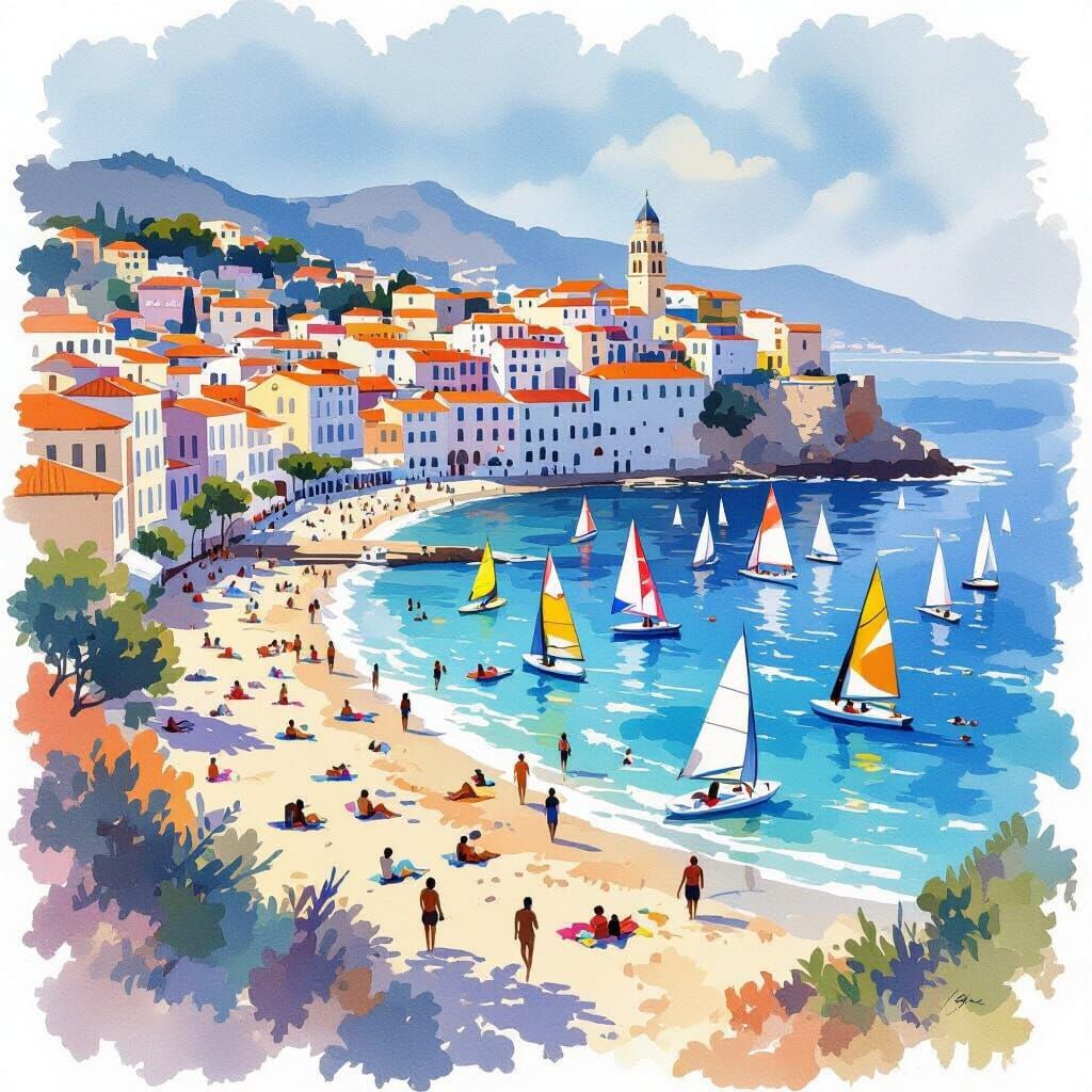 Mediterranean Cityscape in Watercolor Style