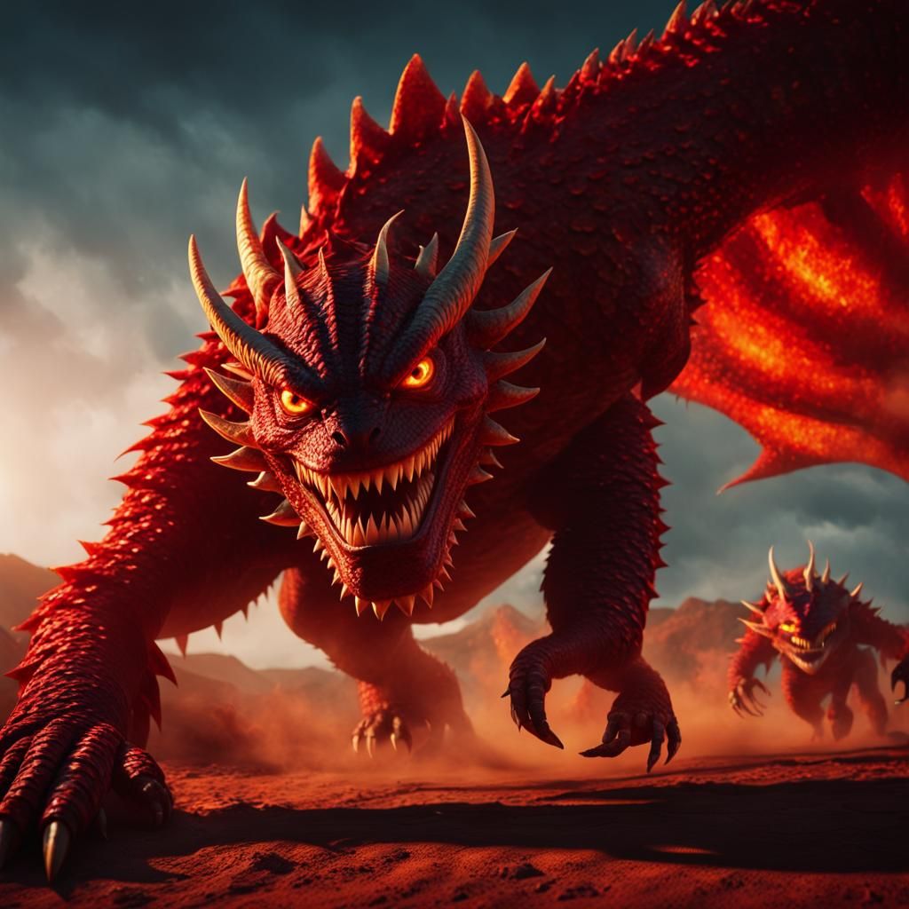 Red Scaled Monster Reaches Out: Cinematic Wide Shot