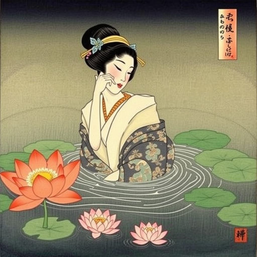 Japanese Woman in Ukiyo-e Style Emerge from Lilies