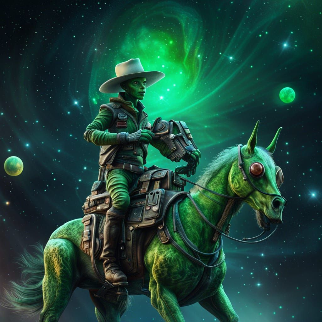 Green Alien Cowboy Rides Robot Horse in Space