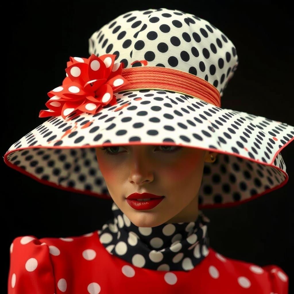 Elegant Model in Polka Dot Hat, Couture Photography