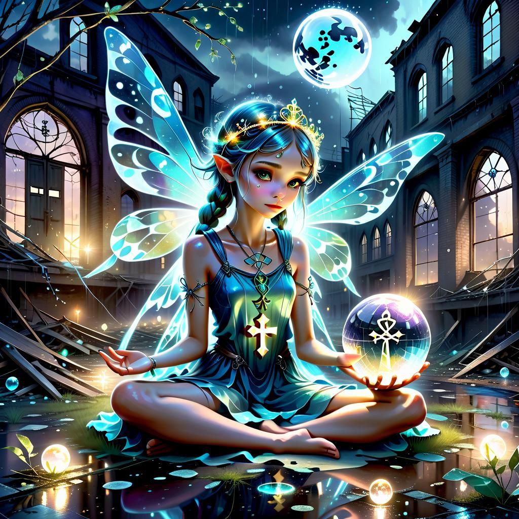 Ethereal Fairy Over Abandoned Warehouse in Digital Painting