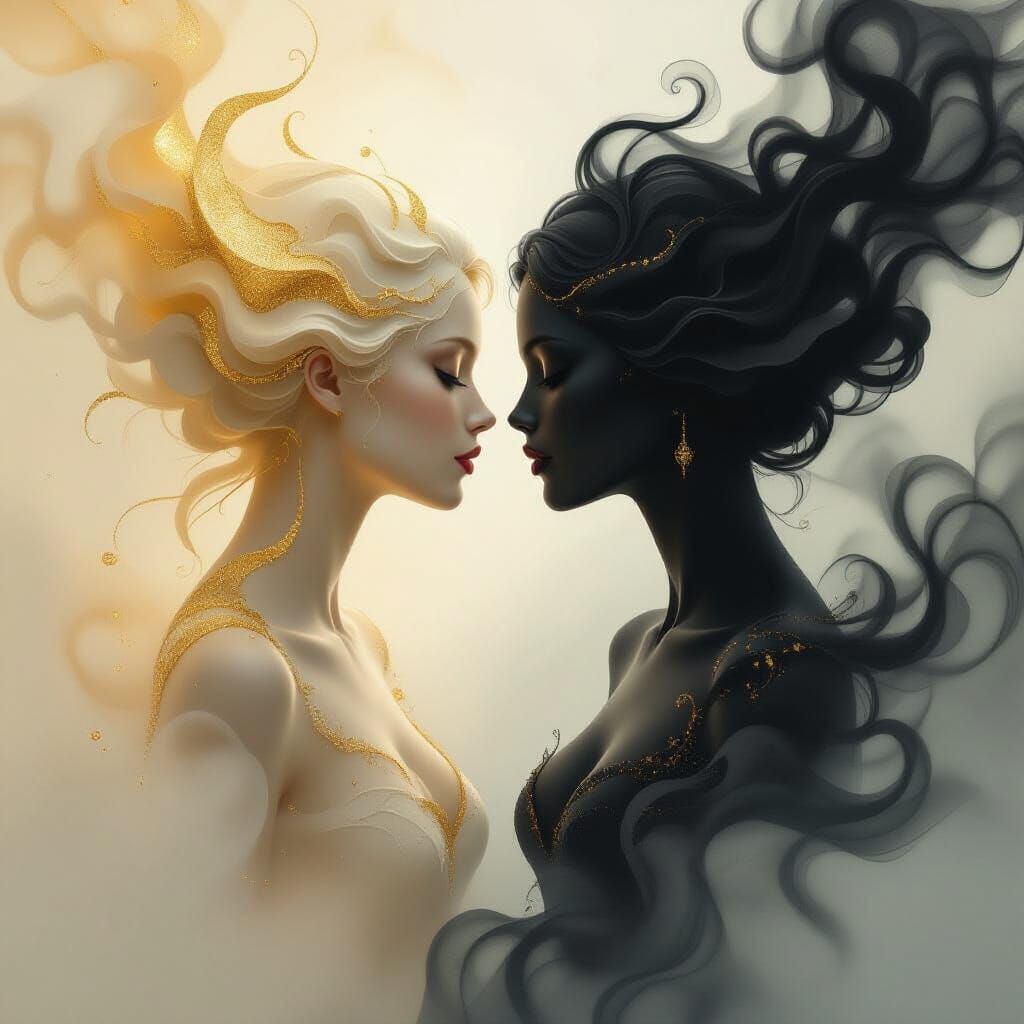 Golden Dust and Shadow Embrace: Ethereal Abstract Forms