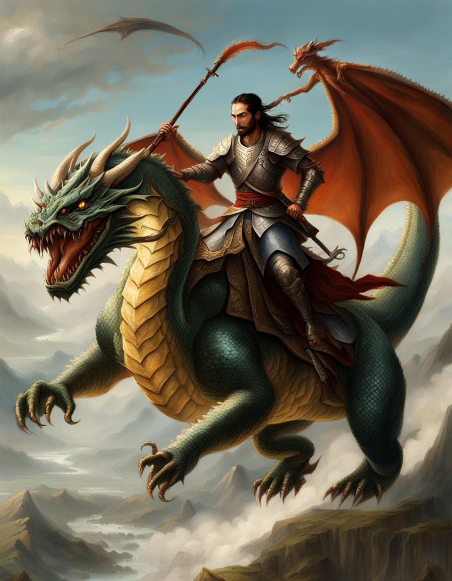 "A warrior riding a dragon"