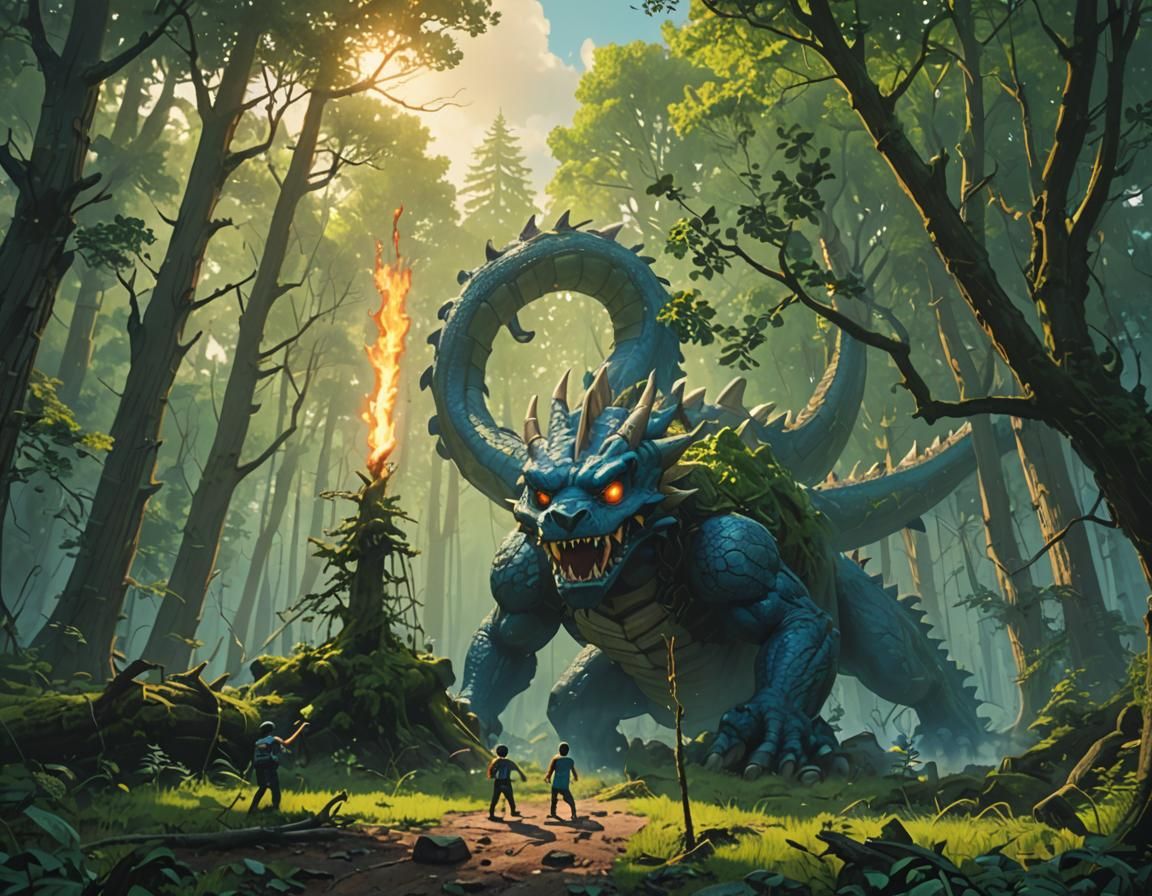 Cuphead Battles Dragon in Mystical Forest Art