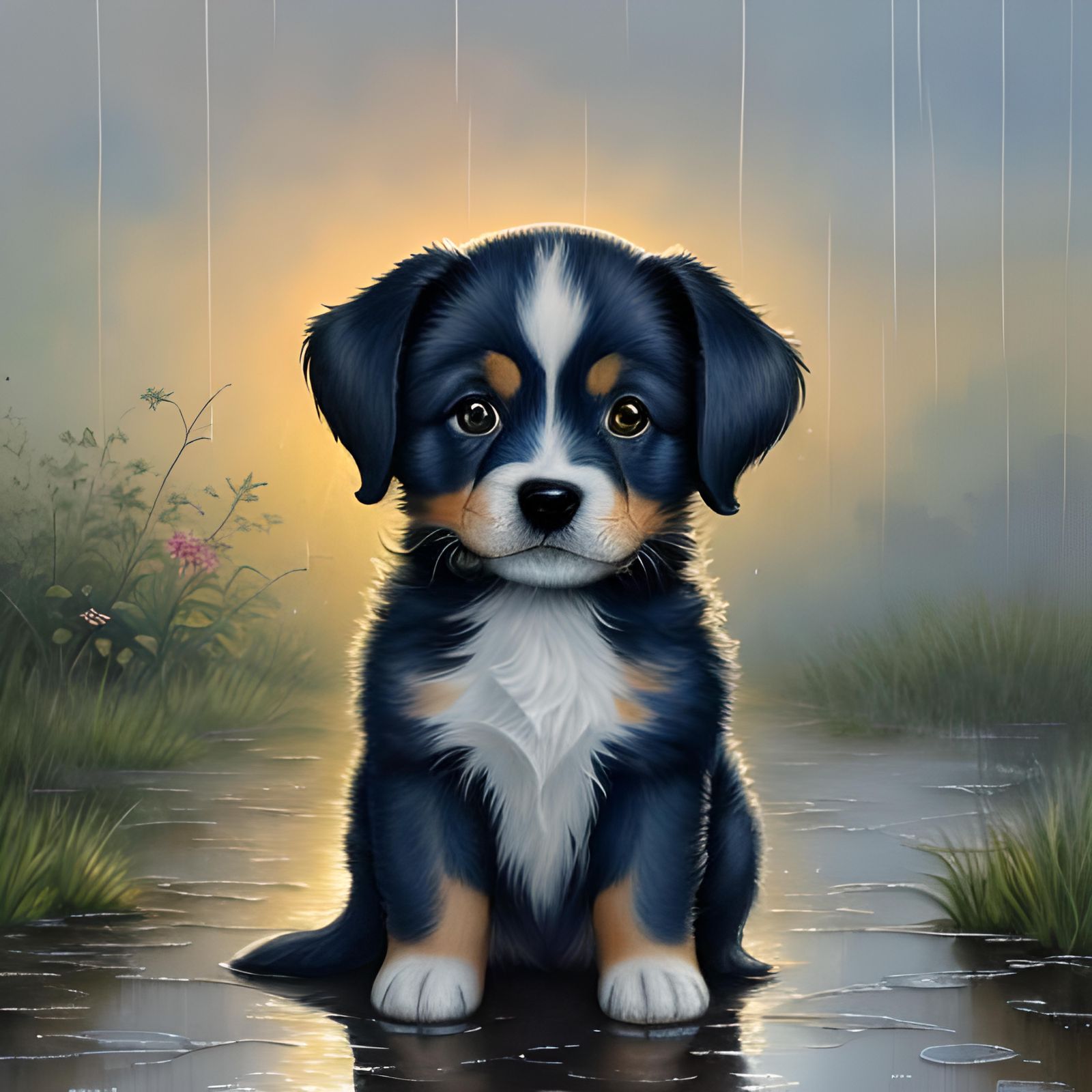 Sad Puppy in Rain, Watercolor Vintage Illustration