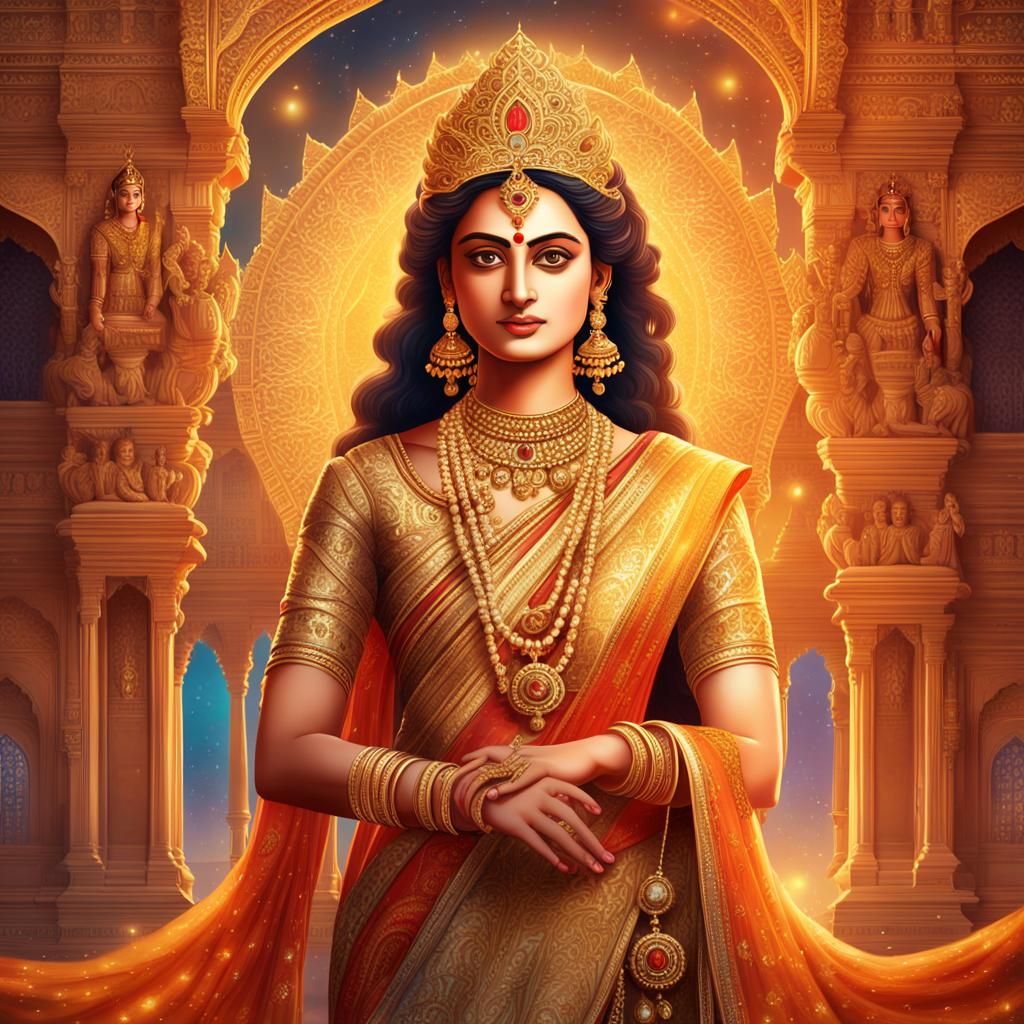 Queen Draupadi in Astral Royal Palace: Pablo Amaringo Style