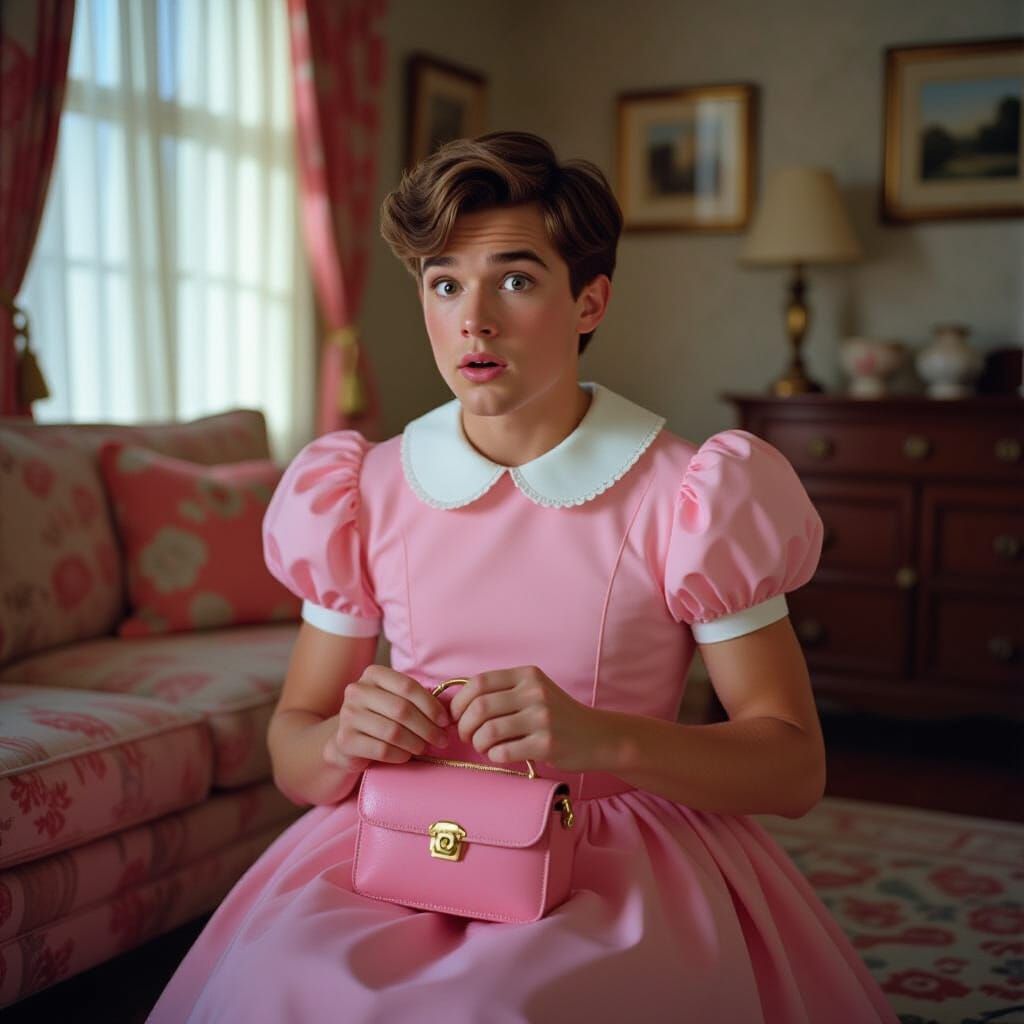Young Man in Pink Dress: Cinematic Film Still