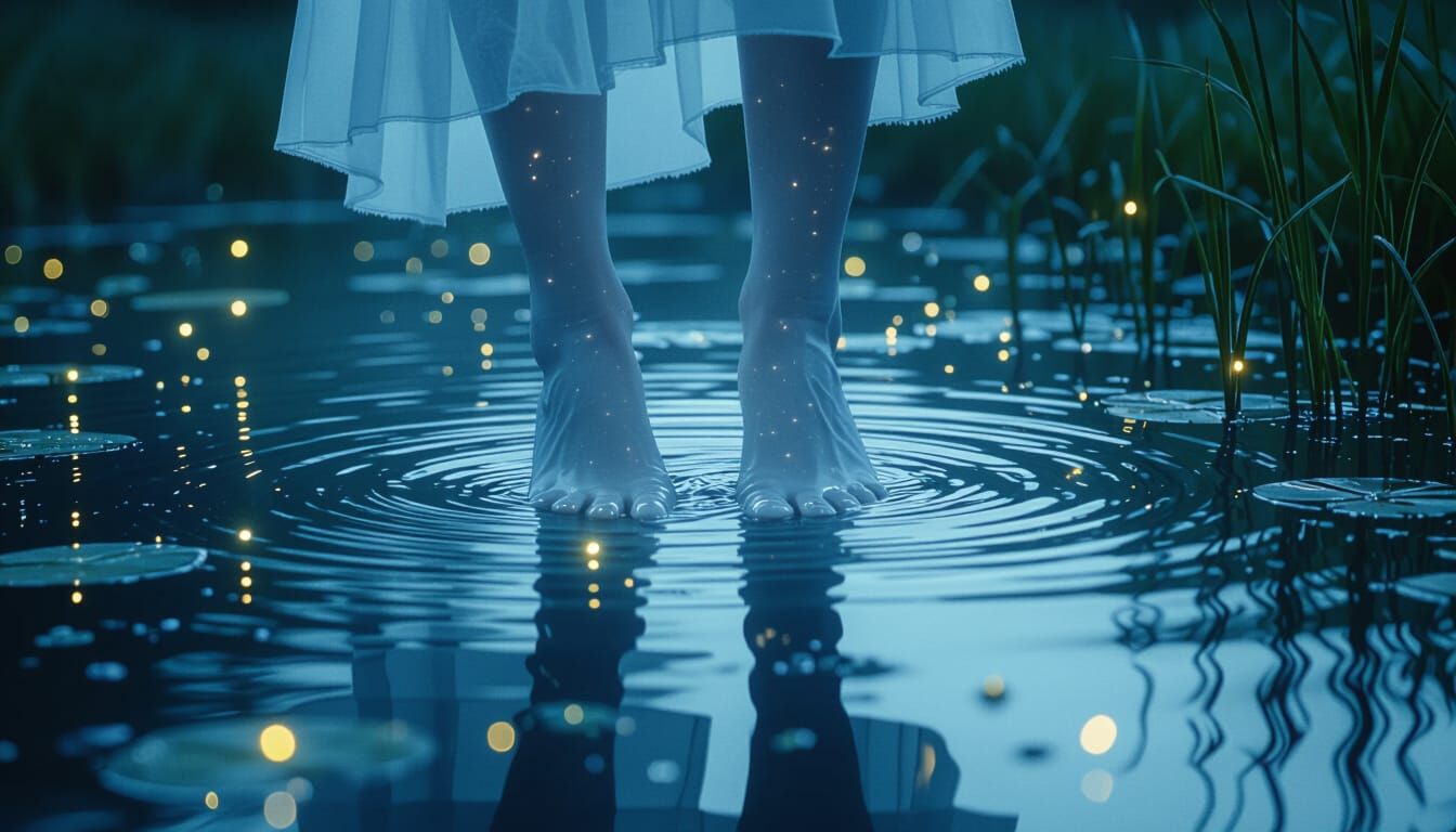 Ethereal Ghostly Feet in Moonlit Pond