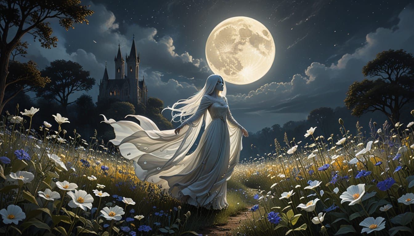 Ghostly Dance in Gothic Moonlit Garden: Watercolor Illustrat...