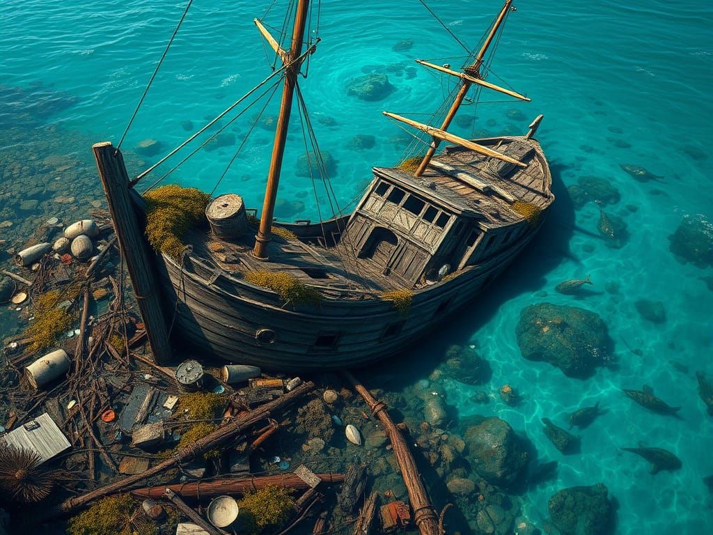 Majestic Sailing Vessel Abandoned in Turquoise Waters