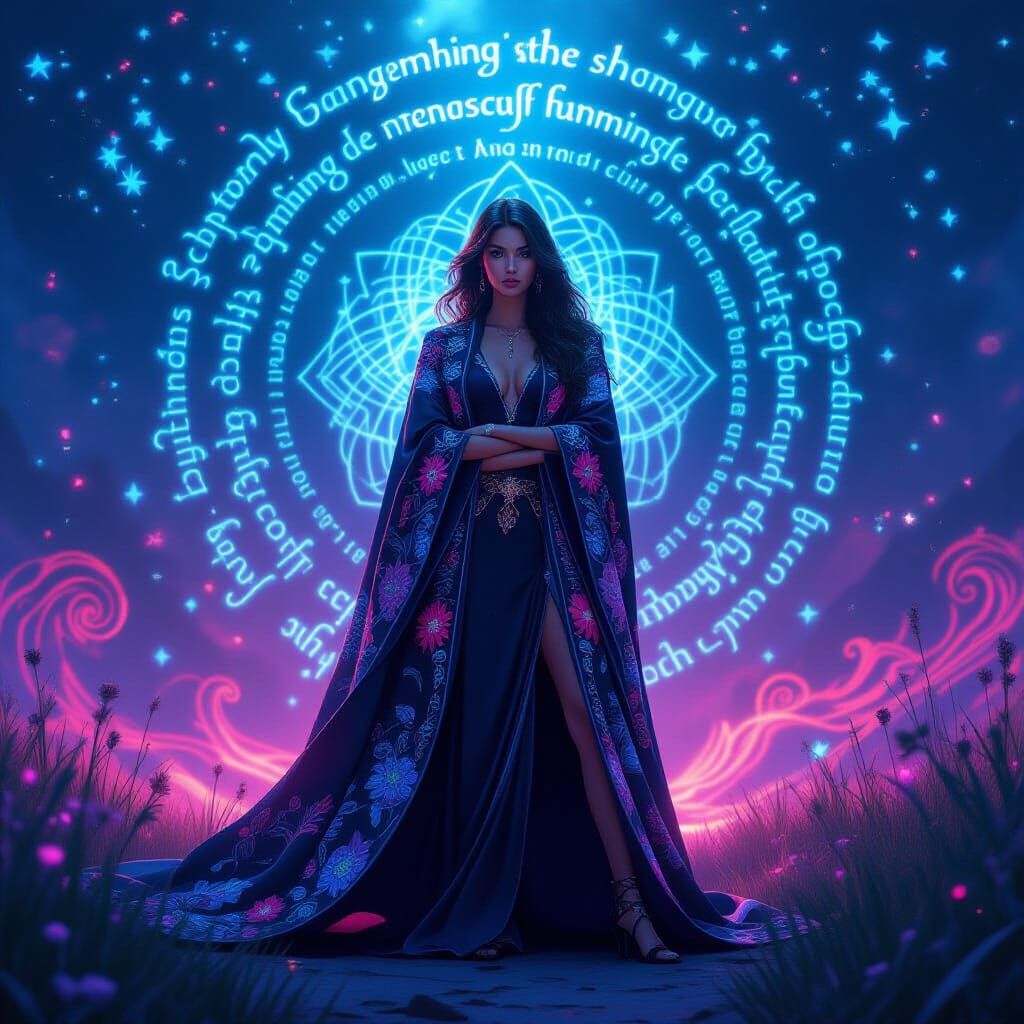 Ethereal Woman in Embroidered Cloak: Digital Art