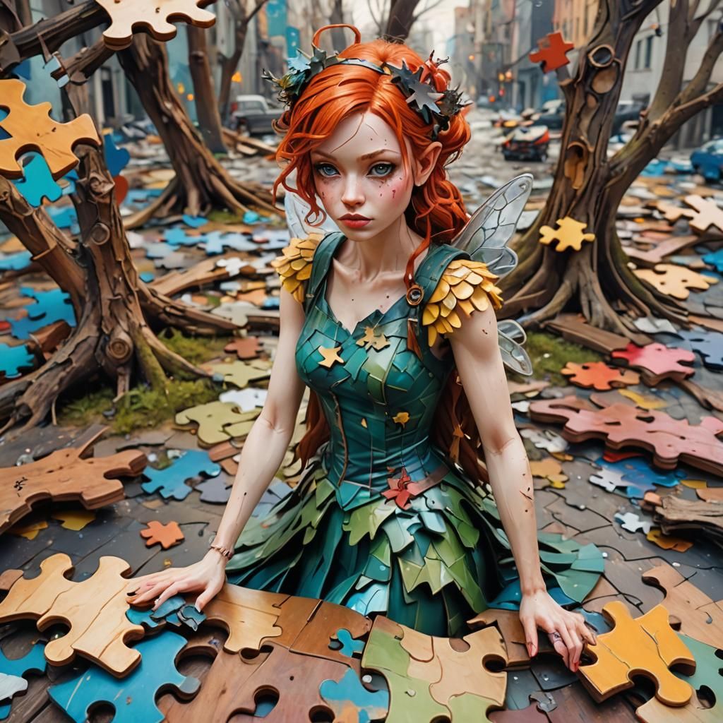Whimsical Fairy in Surreal Autumn Puzzle Landscape