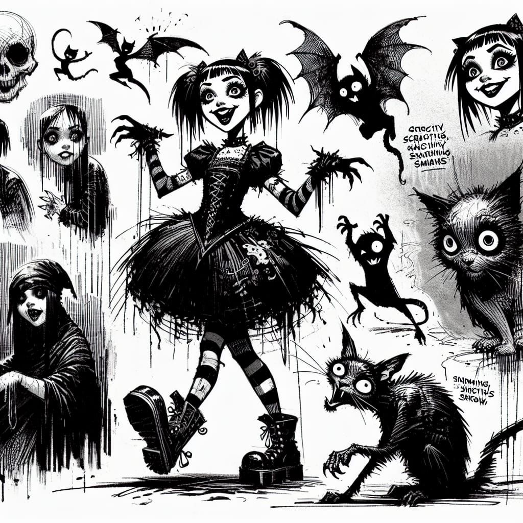 Mischievous Goth Girl in Eerie, High-Contrast Sketch