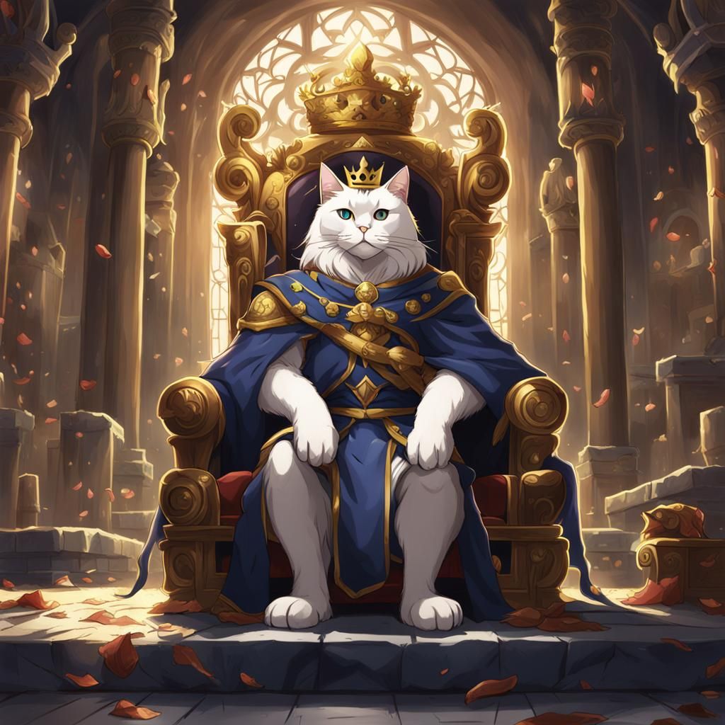 Buff Cat King on Throne in Anime Style