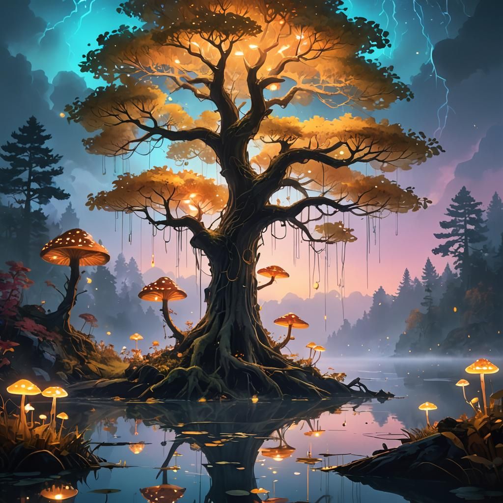 Glowing Tree Over Misty Lake Digital Art