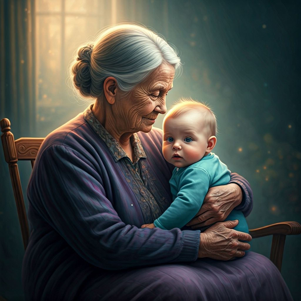 Grandmother's Embrace: Holding a Baby in Ethereal Fantasy St...