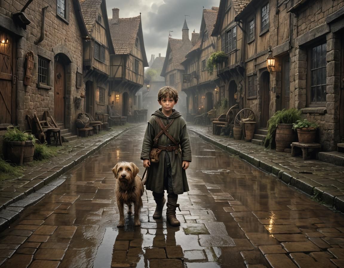 Rainy Medieval Village Scene with Orphan Boy