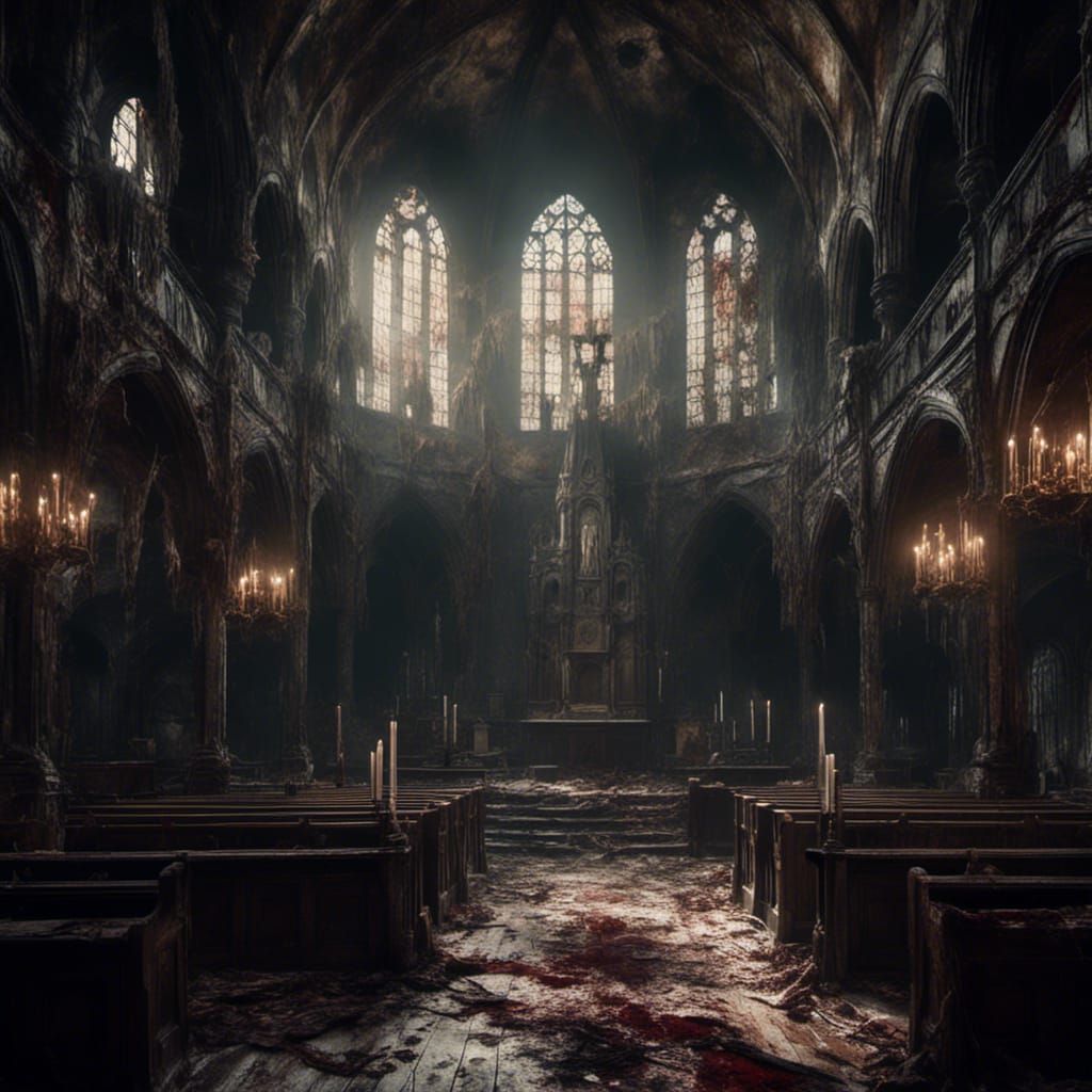 Sinister Church Interior with Praying Figures