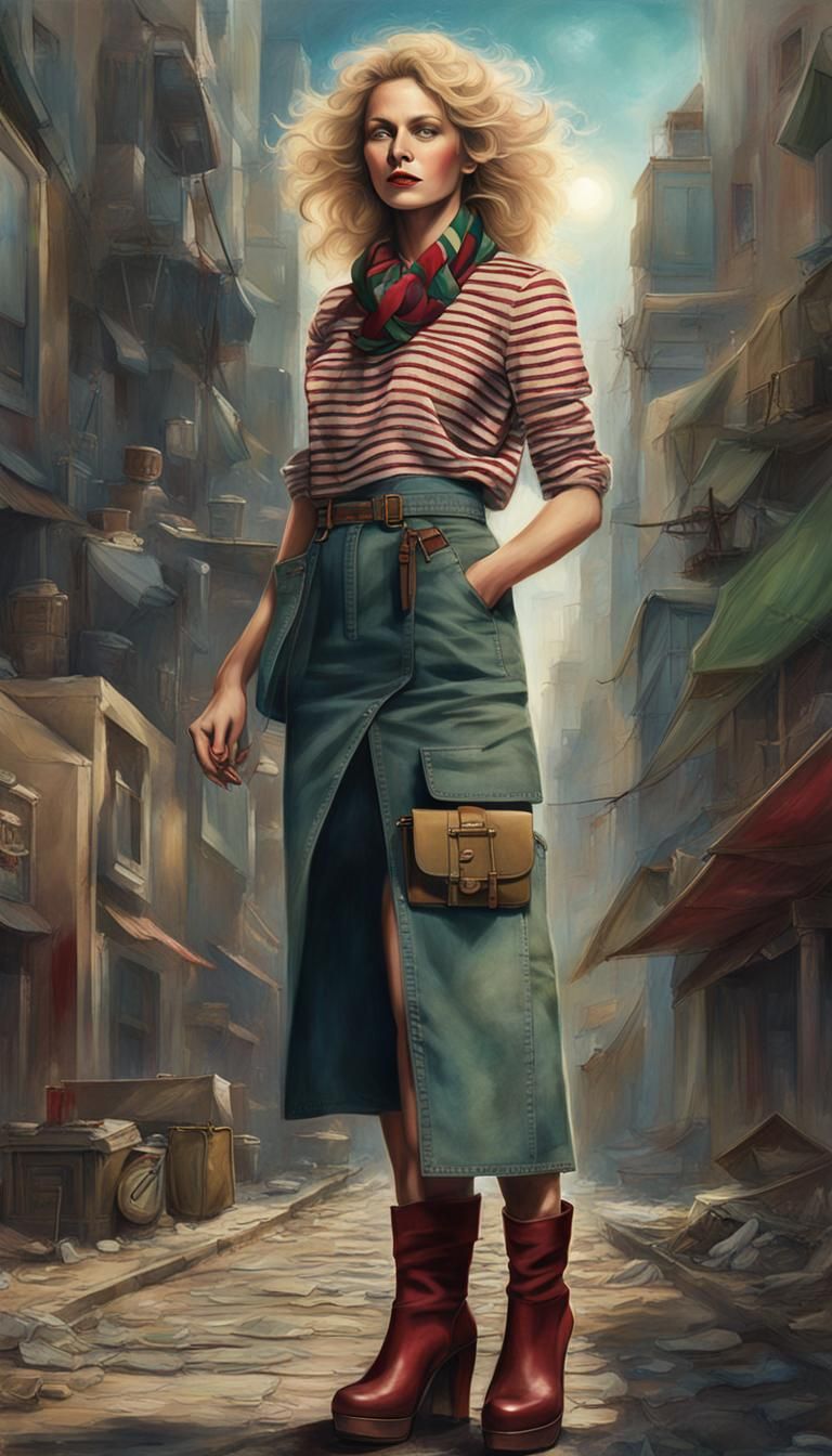 Blonde Woman in Denim Skirt: Detailed Digital Portrait