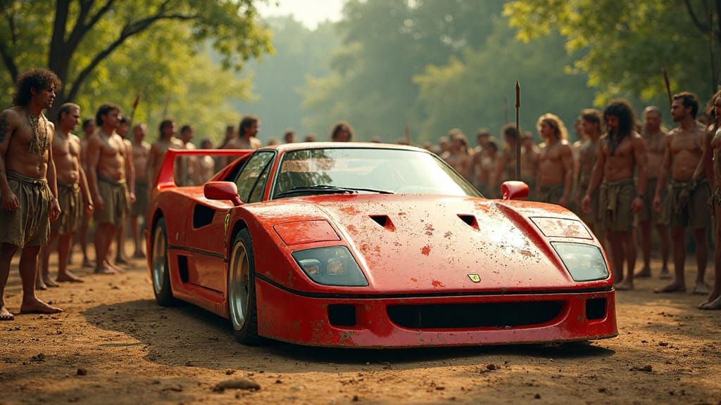 Ferrari F40 Surrounded by Cavemen: Vivid Digital Art