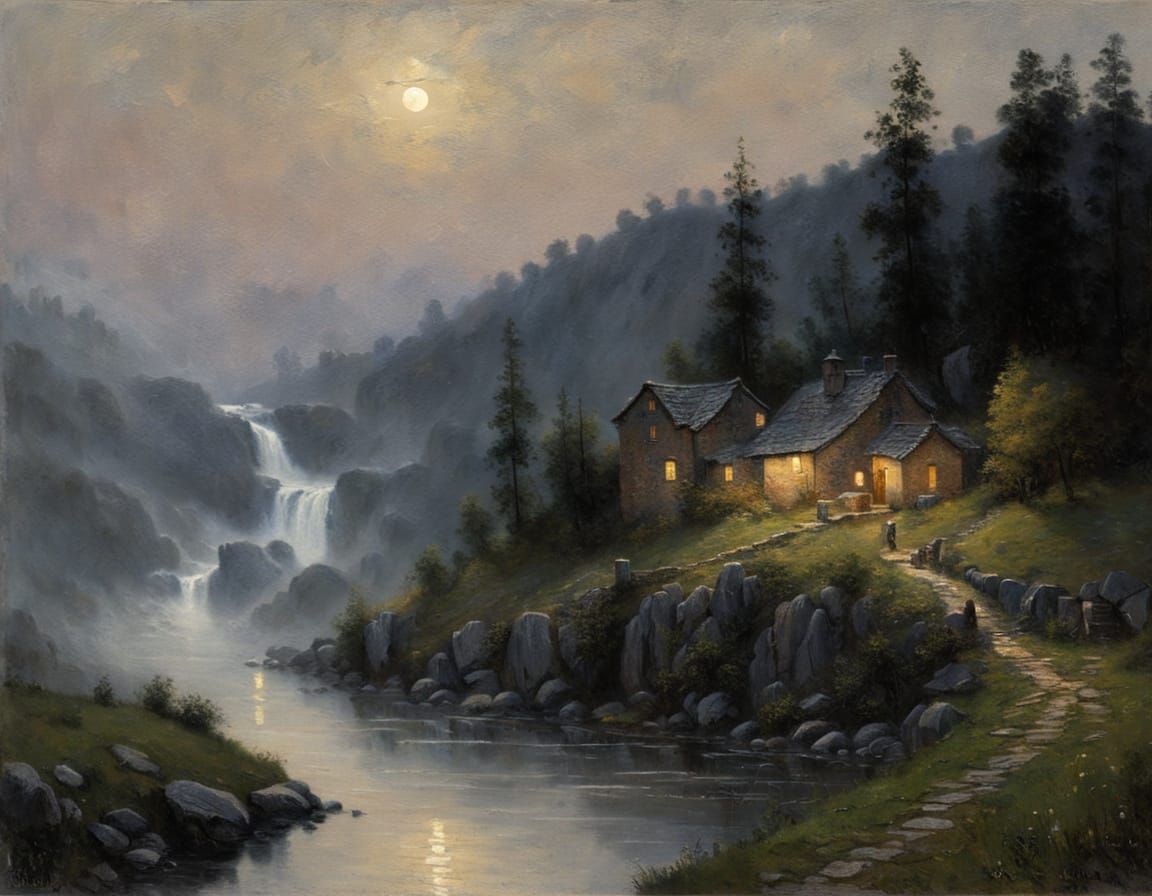 Stone Village Waterfall Landscape in Impressionist Style