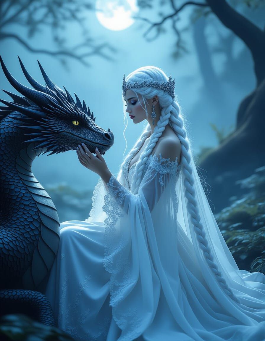 Beauty shot of an enigmatic Dragon Queen, with silver-white ...