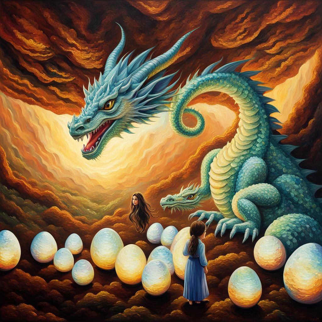 A beautiful Sparkle skin Dragon mother watching and hug her ...