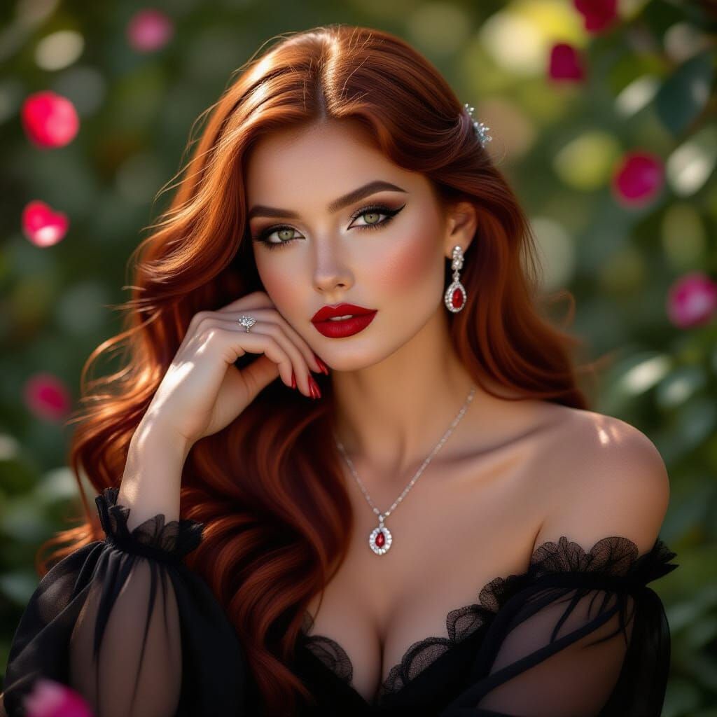 Goddess with Red Hair in Cinematic Garden Setting
