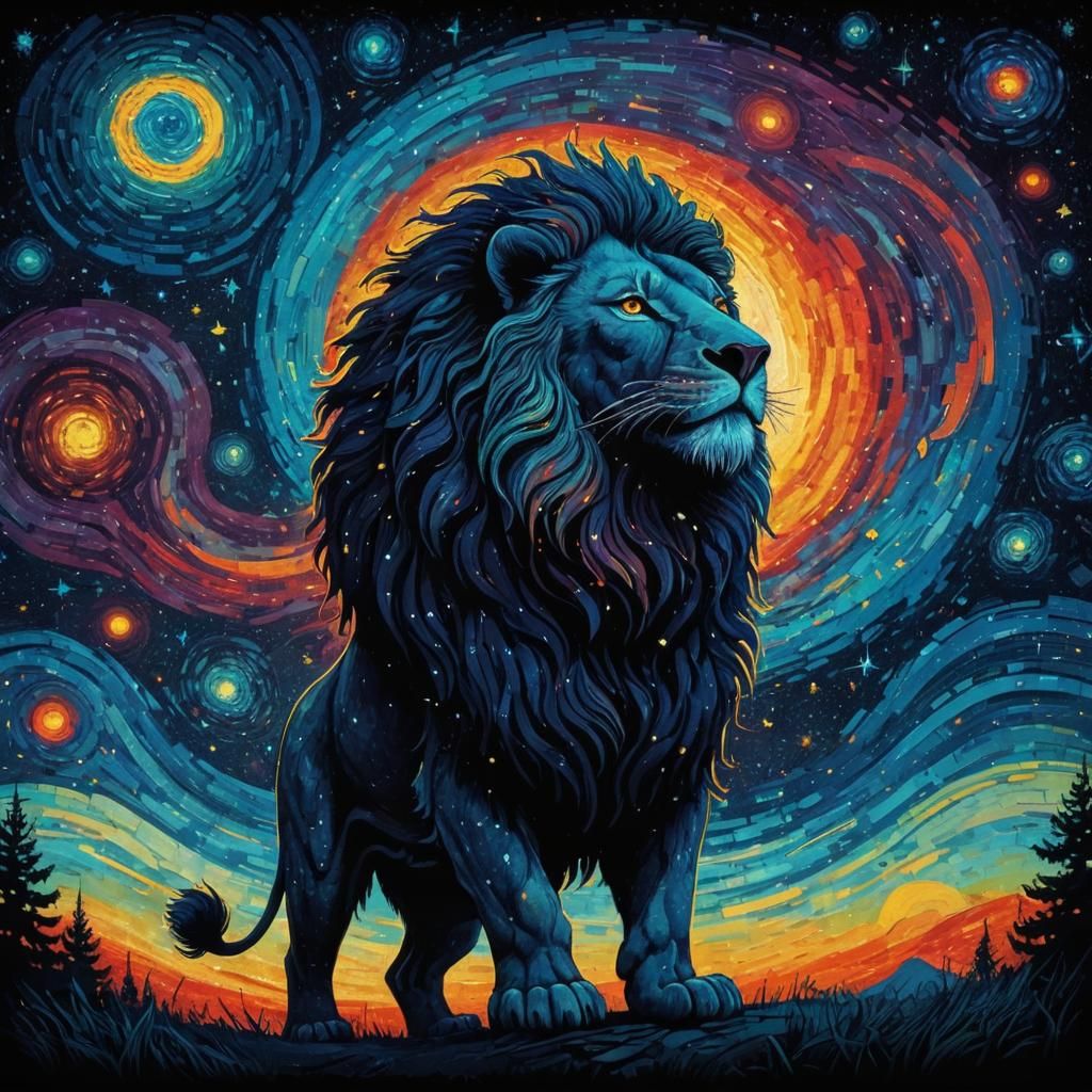 Cosmic Lion Illustration in a Psychedelic Style