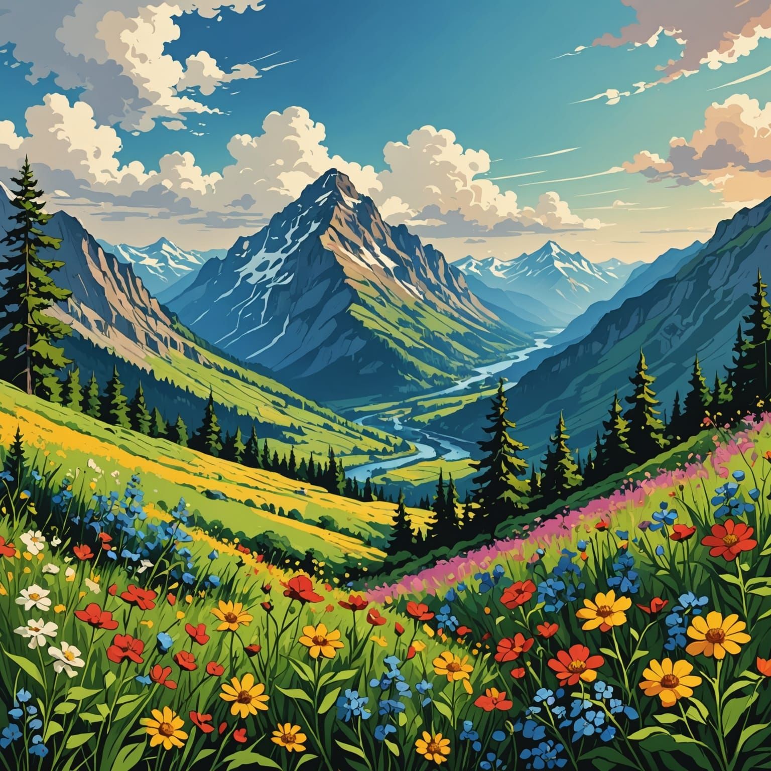 Colorful Mountain Valley Inspired by Anime and Constable