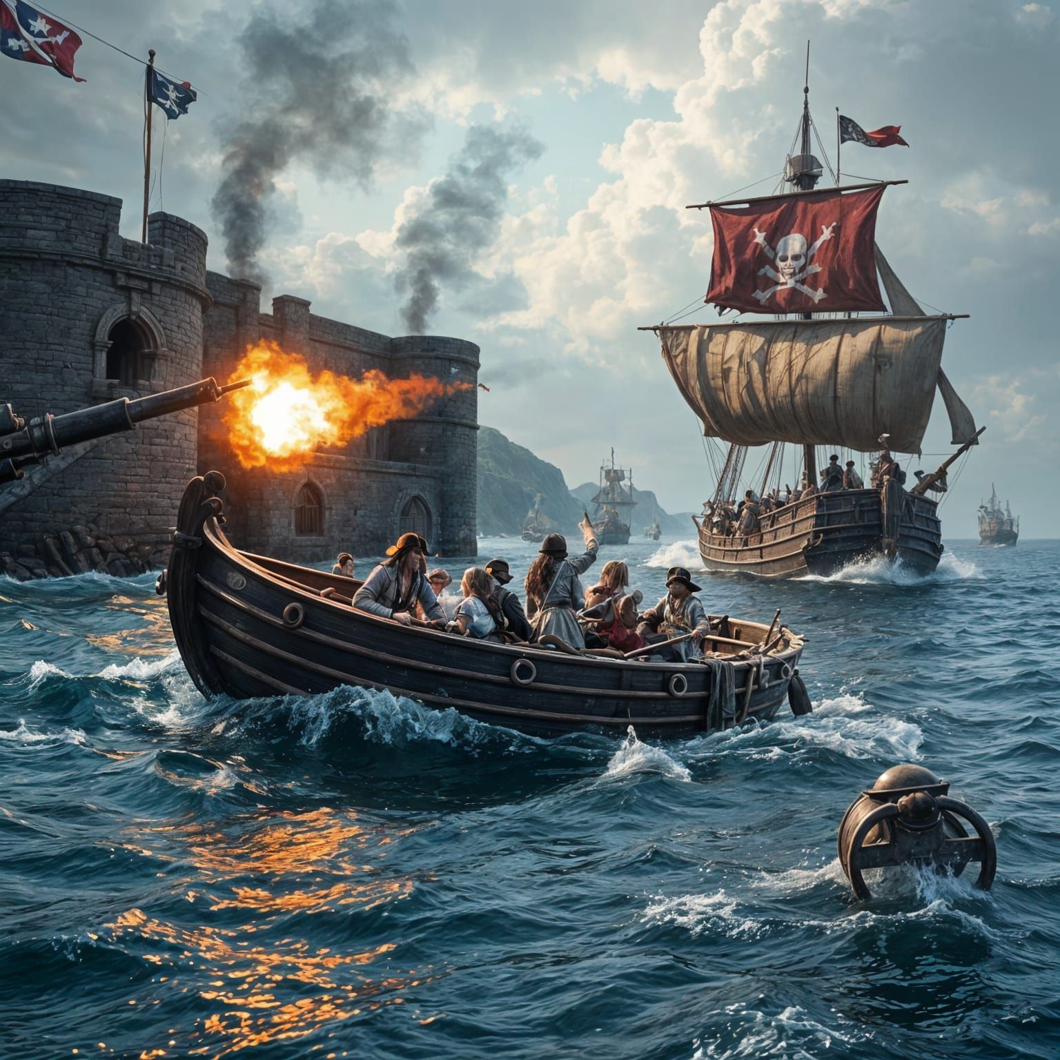 Fantastical Harbor Under Siege in Vibrant Matte Painting