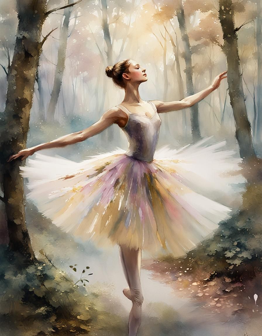 Ballerina's Misty Pirouette: An Impressionist Watercolor Pai...