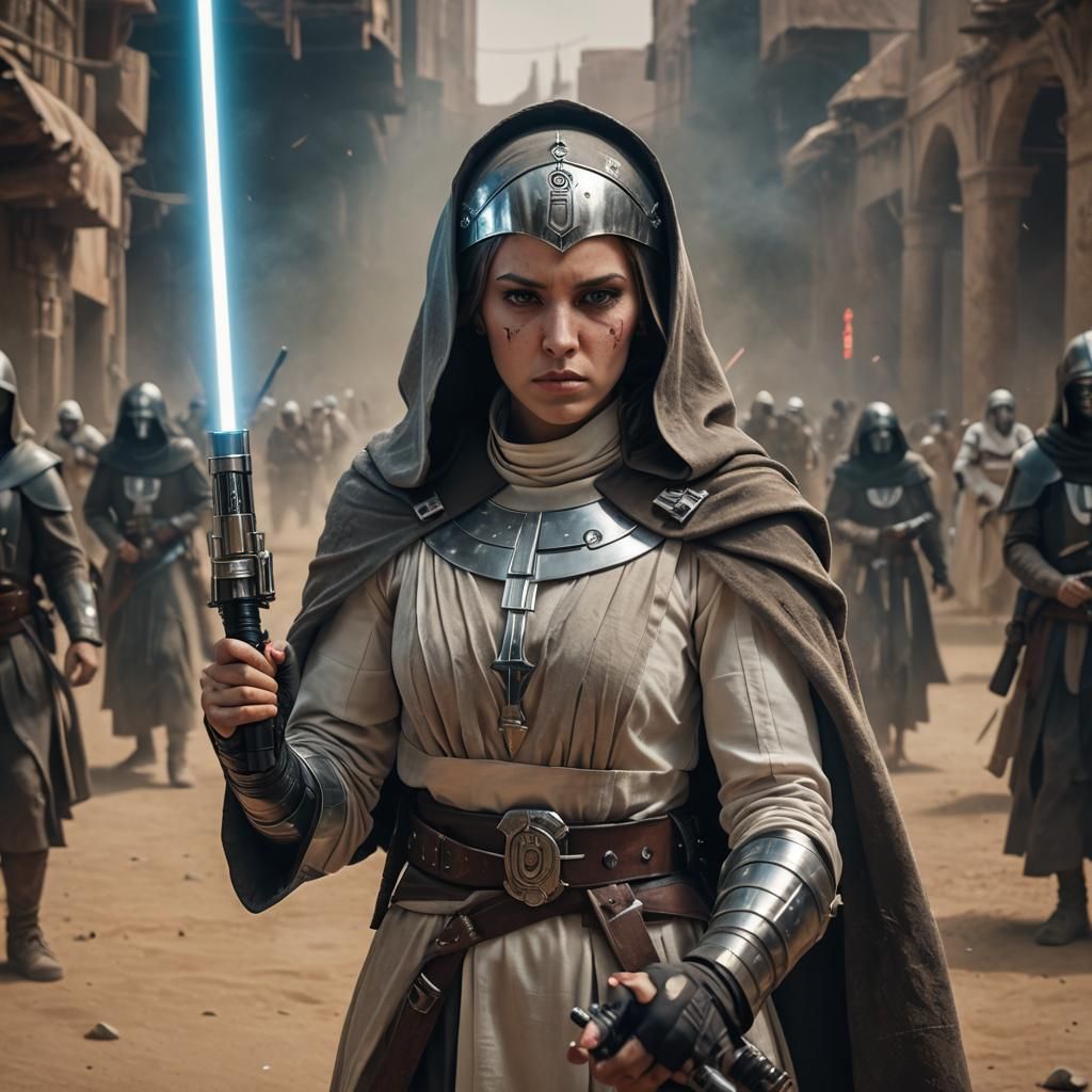 Futuristic Jedi Warrior Nun in Sci-Fi Battle