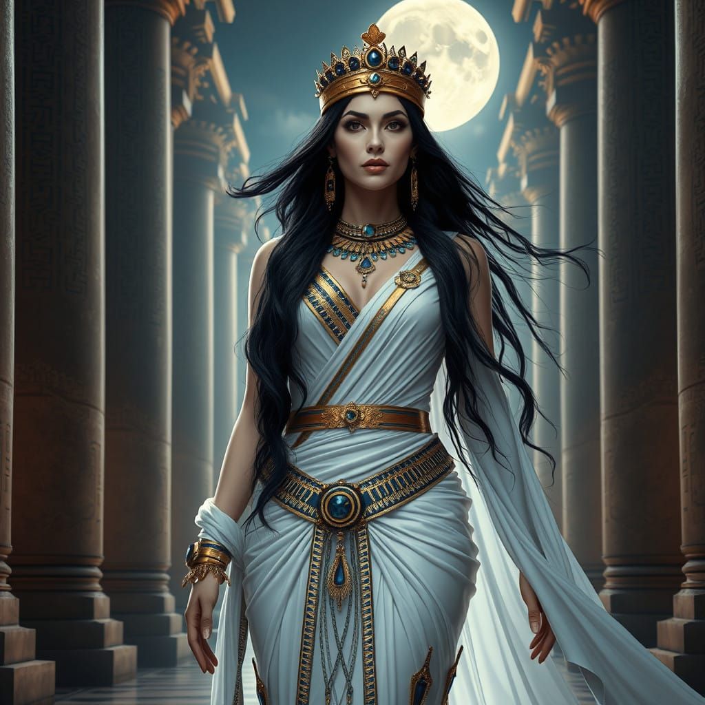 Regal Egyptian Goddess in Gothic Makeup and Ancient Gown