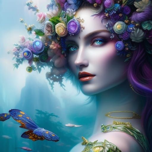 Mystical Woman Emerging From Water With Flowing Flowers