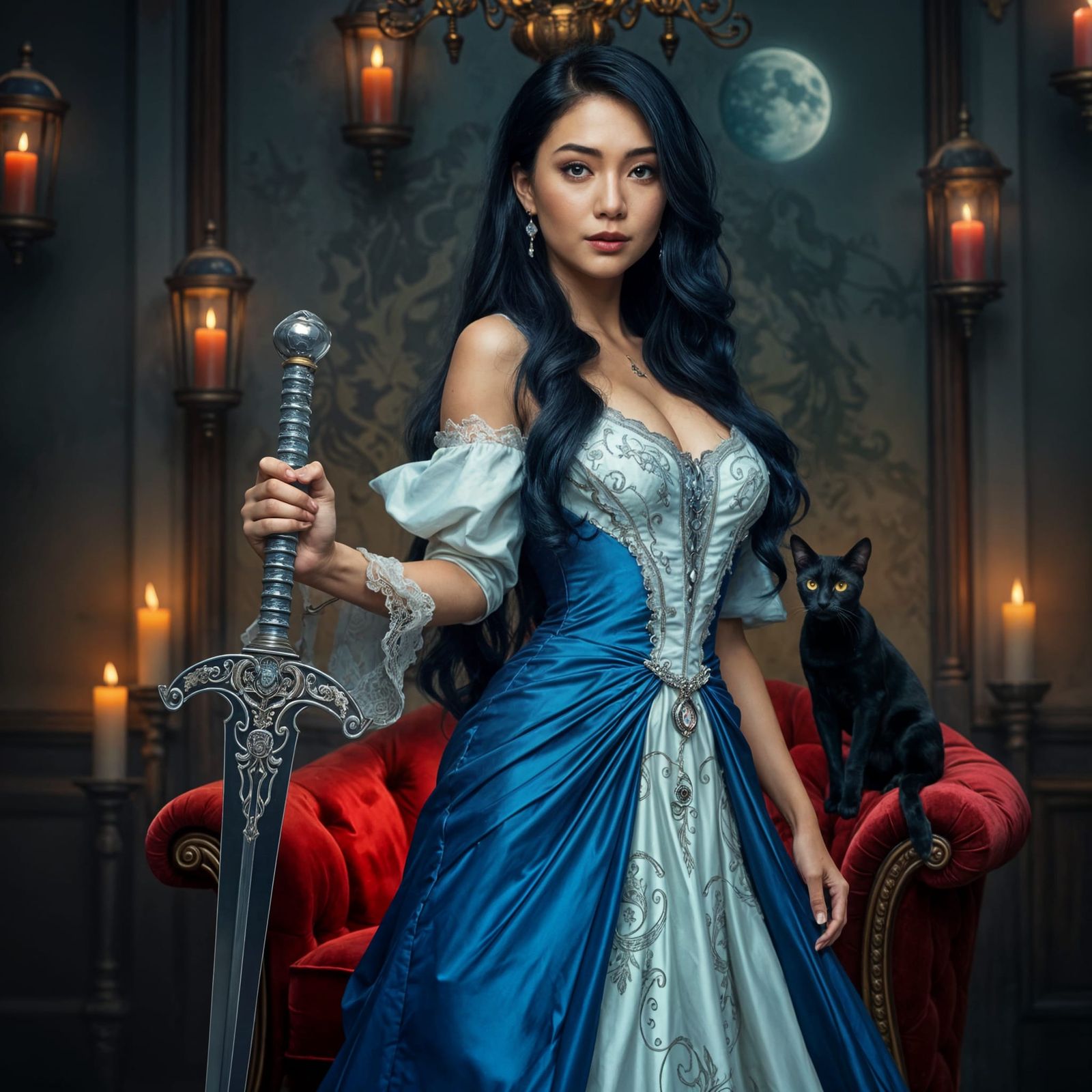 Voluptuous Vampire with Sword in Gothic Setting