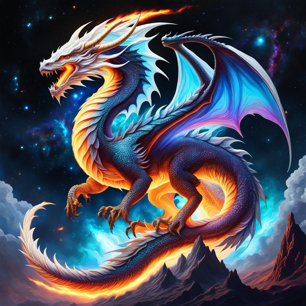 Fiery Dragon in Galaxy Double Exposure Art