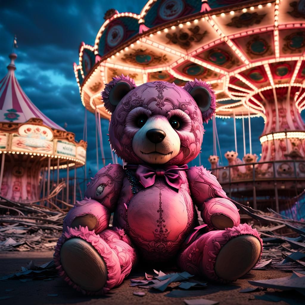 Nightmare Teddy Bear in Abandoned Carnival at Dusk